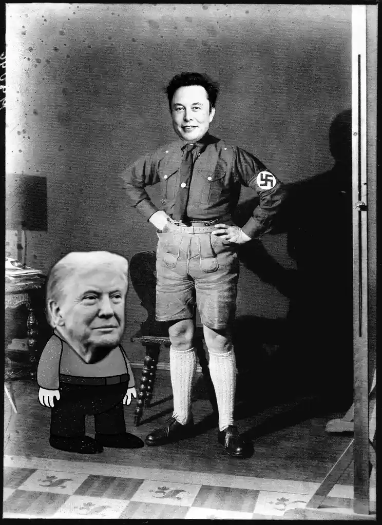 A black-and-white photo shows Elon Musk posing confidently in a uniform with a swastika armband, while a cartoonish, crudely…