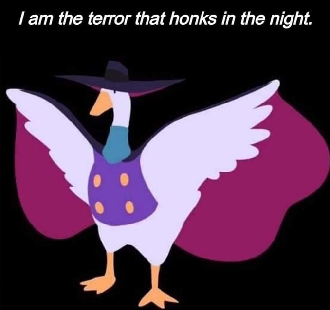 A cartoon goose wearing a black witch's hat and a purple cape with gold buttons stands with wings spread against a black…