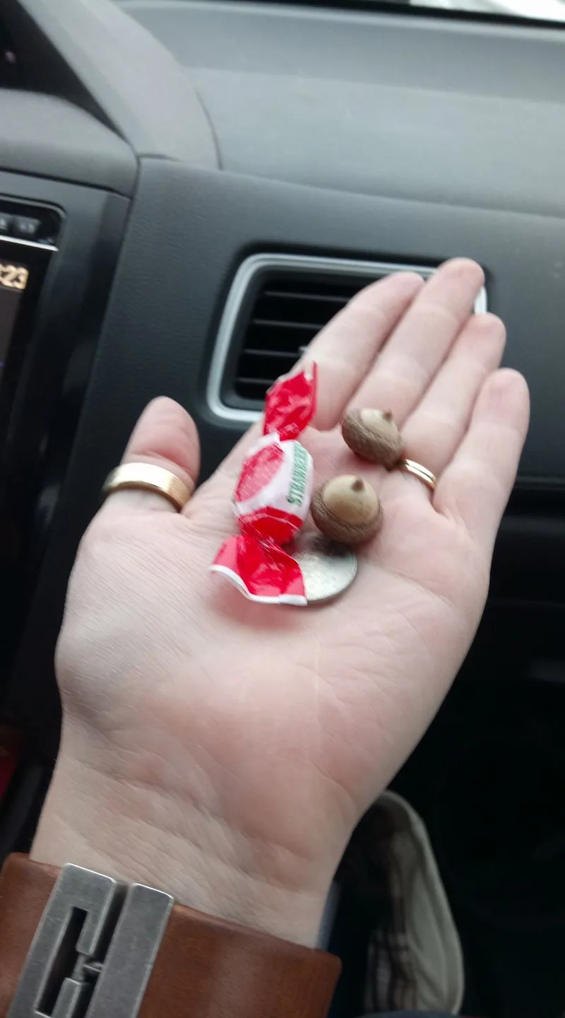A person's open palm inside a car holds a small wrapped strawberry candy, two acorns, and a coin, with the word 'strawberry'…