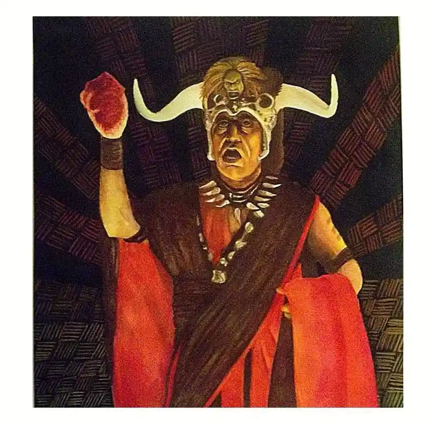 A painted portrait of a man in a dramatic, theatrical pose wearing a horned helmet with a small skull on top, a dark robe…