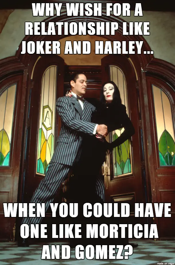 A still from the movie 'Addams Family Values' shows Gomez Addams in a pinstripe suit and Morticia Addams in a black dress…
