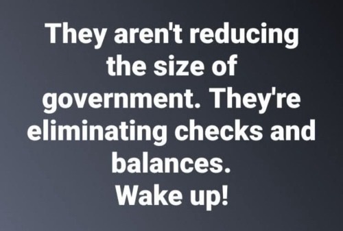 A dark gray background with bold white text that reads: 'They aren't reducing the size of government. They're eliminating…