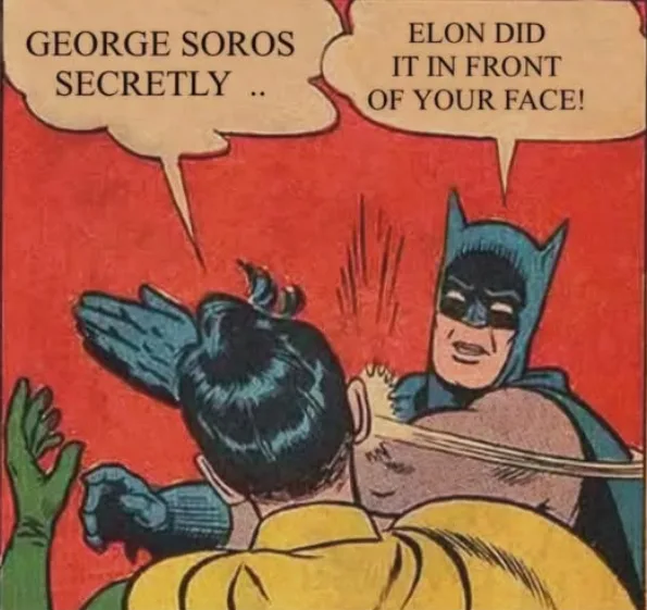 Batman is shown from behind, delivering a punch to Robin's back, who is recoiling. Batman's speech bubble says 'ELON DID IT…
