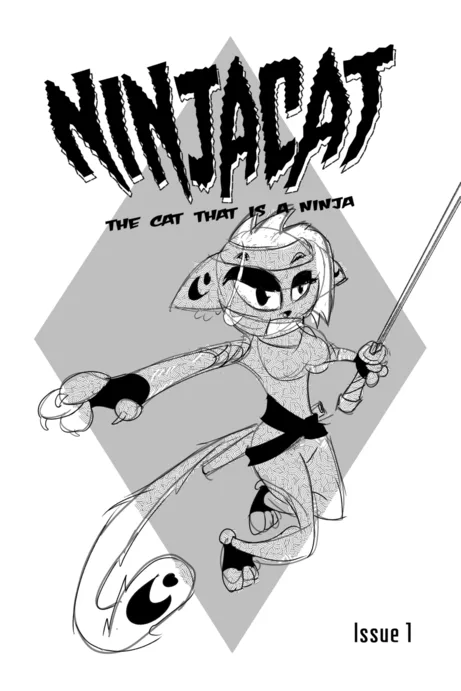 A black-and-white comic book cover featuring a stylized cat character in ninja attire, holding a sword and striking a…