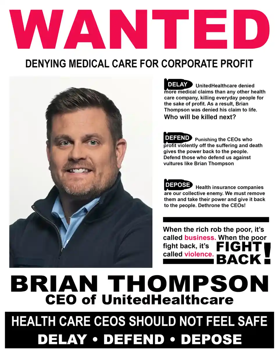 A 'WANTED' poster features a photo of Brian Thompson, CEO of UnitedHealthcare, with text accusing him of denying medical…