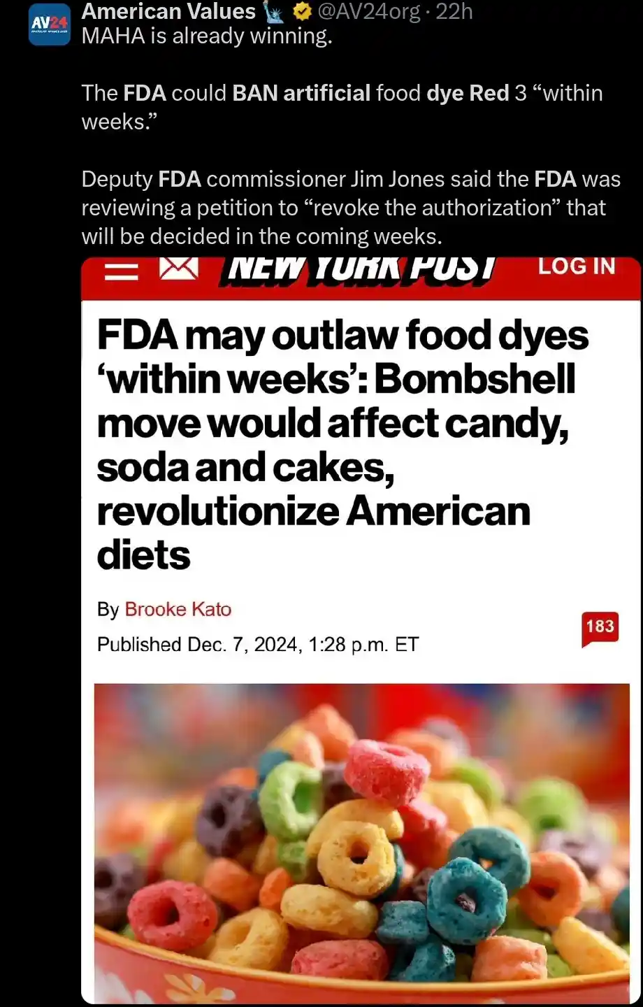A screenshot of a New York Post article headline about the FDA potentially banning artificial food dye Red 3, overlaid with…