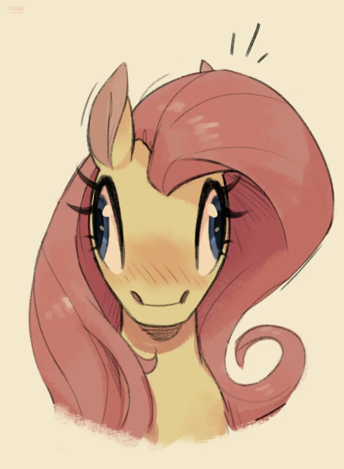 A close-up illustration of a cartoon pony with a light yellow face, large blue eyes, and a voluminous reddish-pink mane and…