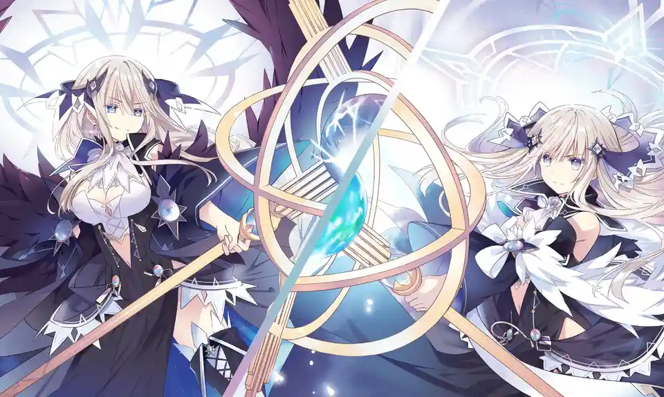 Two identical-looking anime girls with long blonde hair and dark, ornate outfits stand on opposite sides of a glowing…