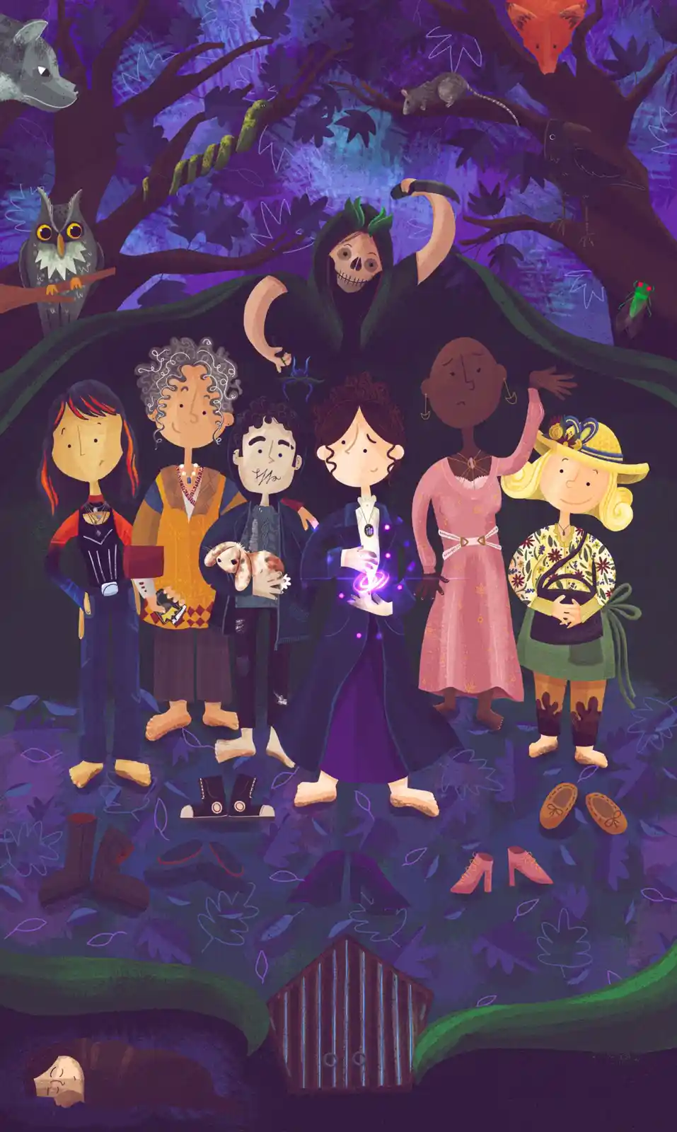 A colorful illustration depicts a group of six diverse people standing barefoot in a dark, enchanted forest with scattered…