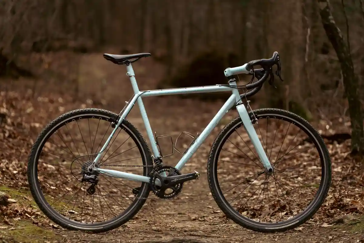 A light blue bicycle with black tires and handlebars is parked on a dirt trail covered in fallen leaves, surrounded by bare…