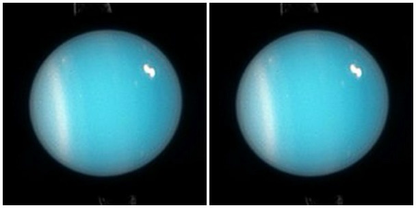 Two side-by-side images of the planet Neptune, both showing its blue atmosphere with a bright spot. The left image has a…