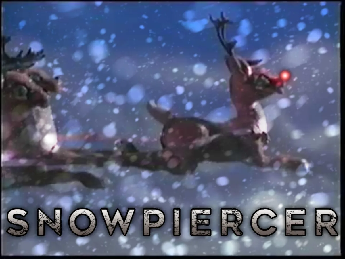 A snowy, blurry image shows two reindeer pulling a sleigh through falling snow, with one reindeer having a glowing red nose…