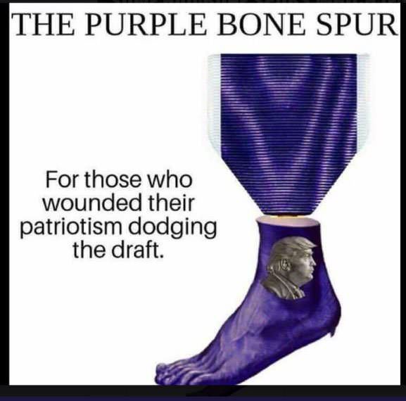 An image shows a purple ribboned medal shaped like a human foot, with a silver profile of Donald Trump embedded in the heel…