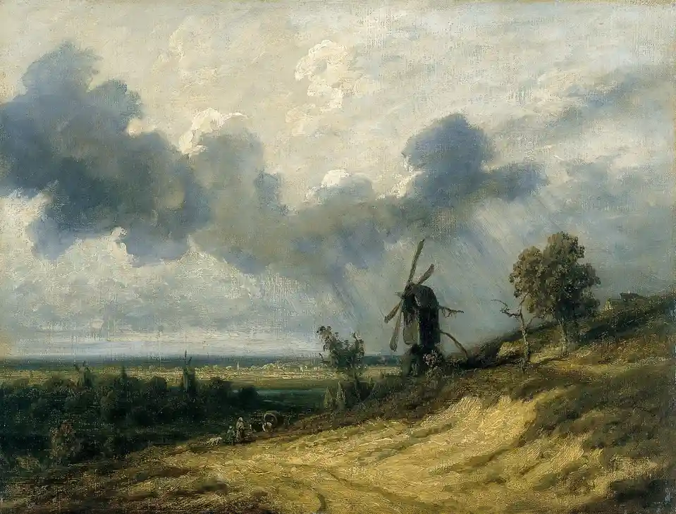 A classical painting depicts a rural landscape with a windmill on a hill under a dramatic cloudy sky, with figures and trees…