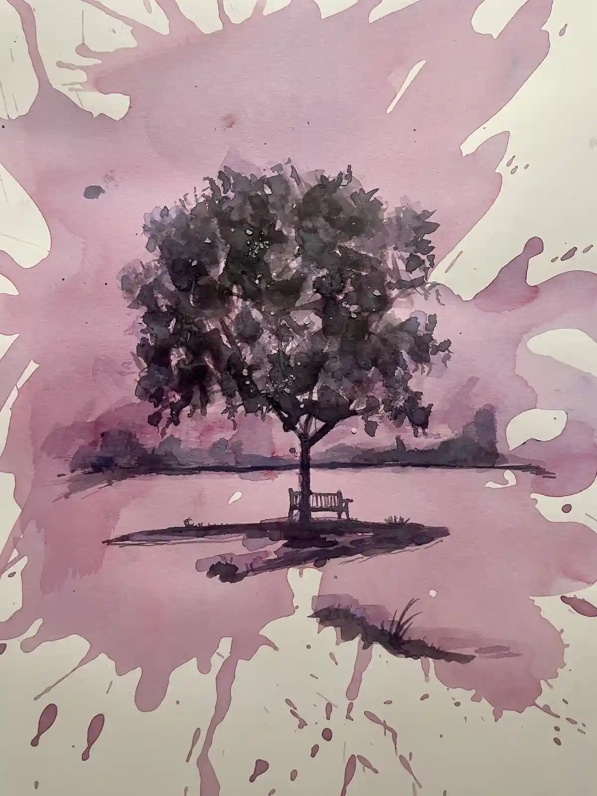 A watercolor painting depicts a solitary tree with a bench beneath it, situated on a small island in the middle of a…