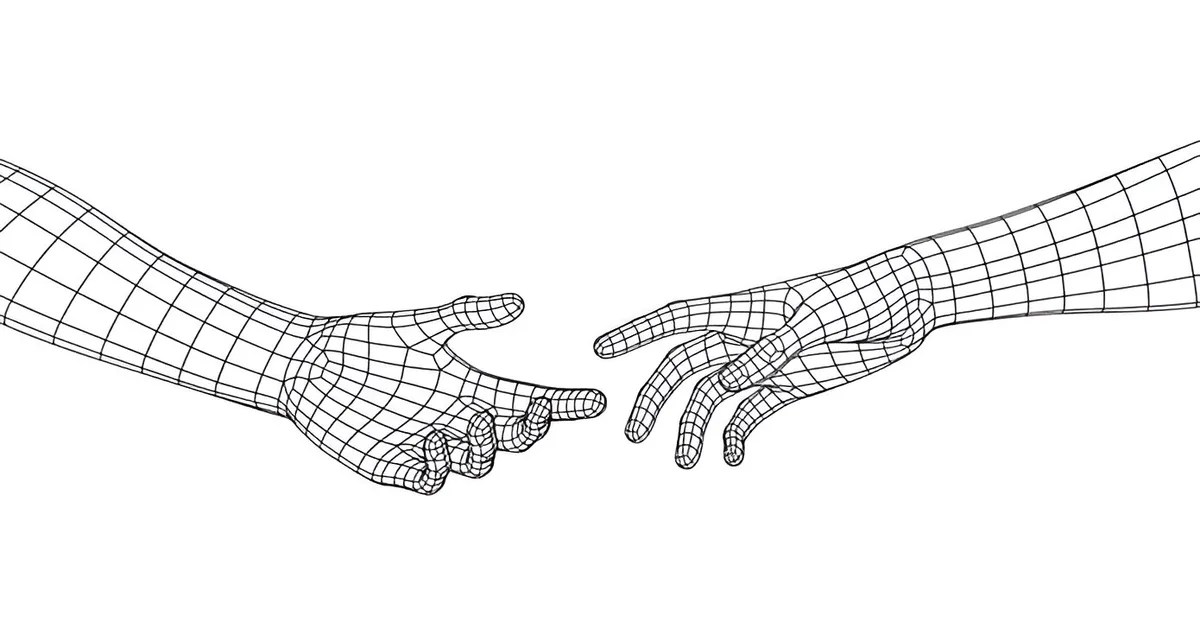 two wireframe hands, one reaching from the left and one from the right, are almost touching in the center against a white…