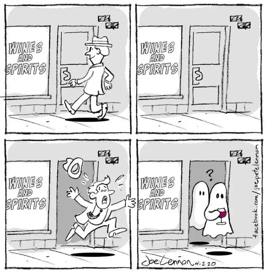 A four-panel comic strip shows a man walking toward a 'Wines and Spirits' store, then running away in panic after a ghostly…