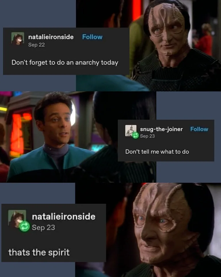 A three-panel meme featuring scenes from Star Trek: The Next Generation. The top panel shows a Vulcan character with a…