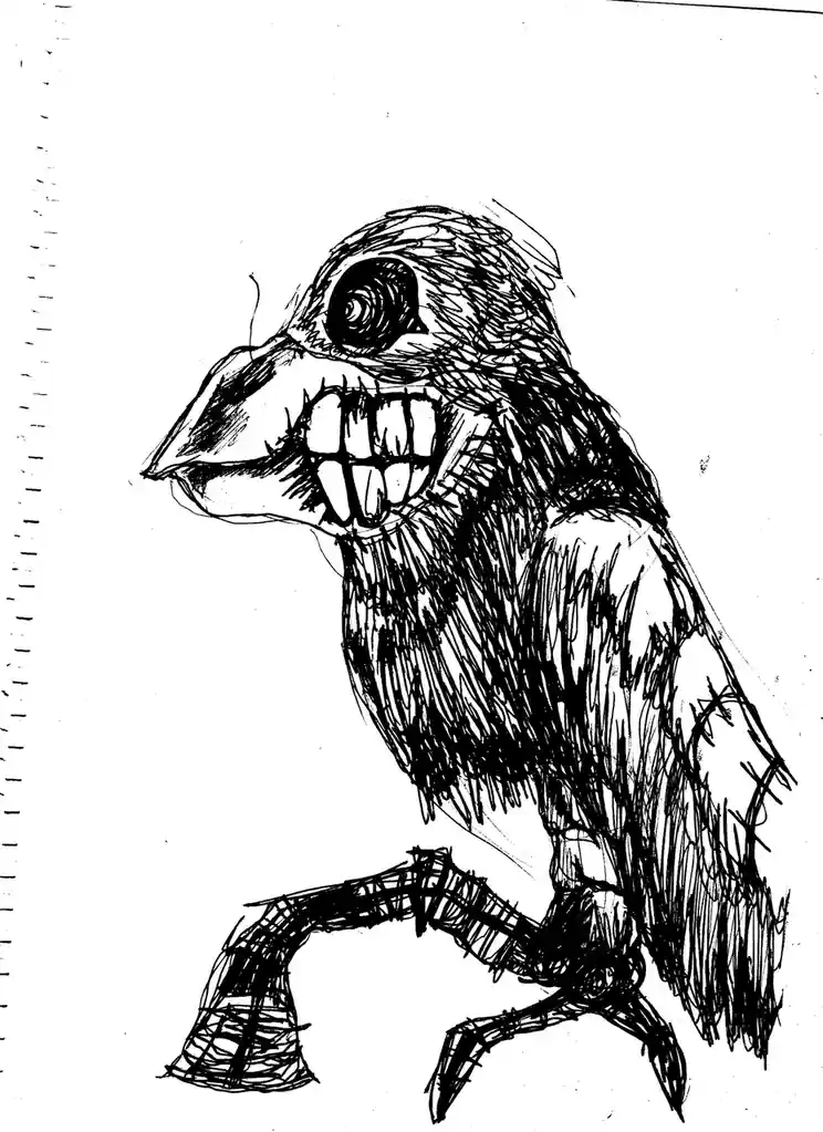A crude black-and-white sketch depicts a monstrous, bipedal creature with a large, spiraling eye, sharp teeth, and a…