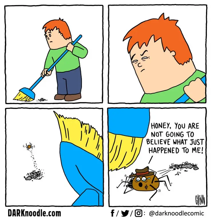 A four-panel comic shows a boy sweeping dirt, then looking frustrated. He sweeps a spider into a pile, and the spider, now…