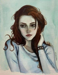 A watercolor-style portrait of a young woman with reddish-brown wavy hair, wearing a light blue top, looking directly at the…