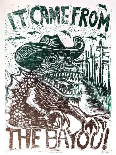 A stylized, menacing creature with a large cowboy hat, sharp teeth, and a scaly body emerges from water, surrounded by…