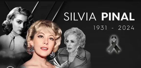 A black-and-white tribute image featuring three photos of the late actress Silvia Pinal: a younger portrait on the left, a…