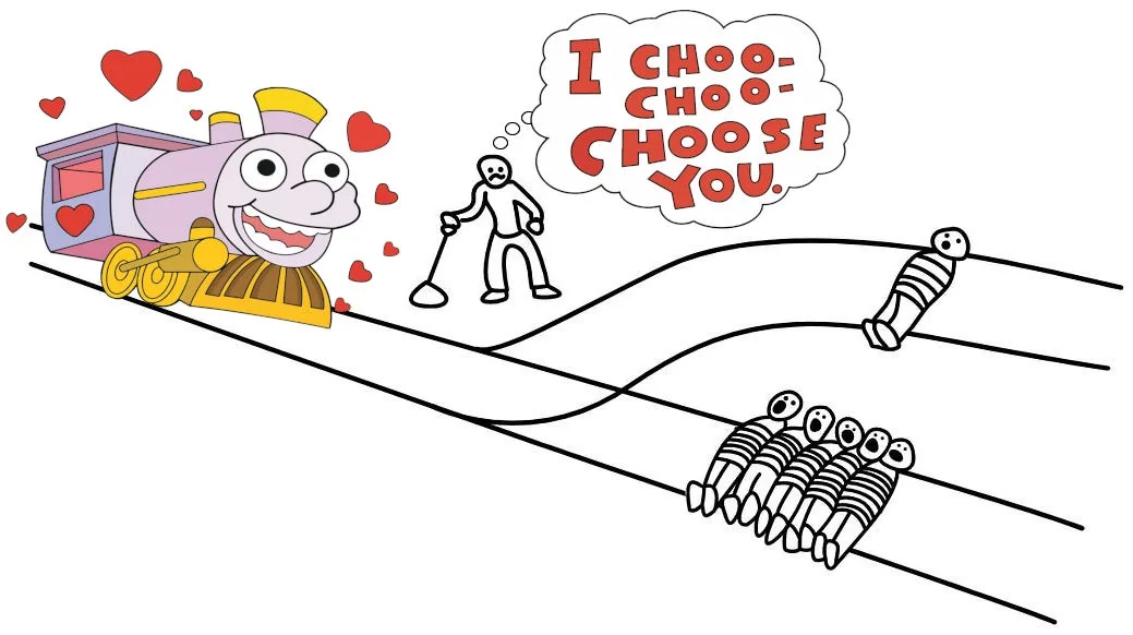 A cartoon train with hearts around it is on a track approaching a switchman who is holding a lever. The switchman has a…