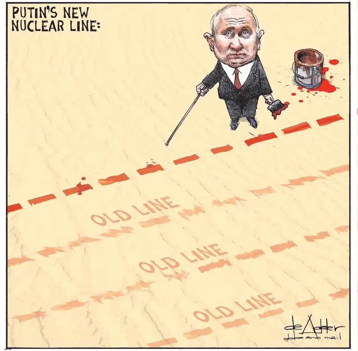 A cartoon depicts a caricature of Vladimir Putin painting a red dashed line across a sandy surface, with a paint bucket…