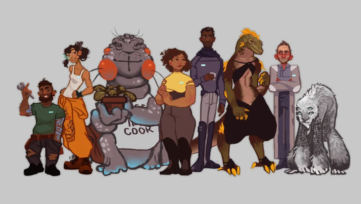 A lineup of eight diverse, stylized characters including humans and fantasy creatures, with a large, gray, bug-like creature…