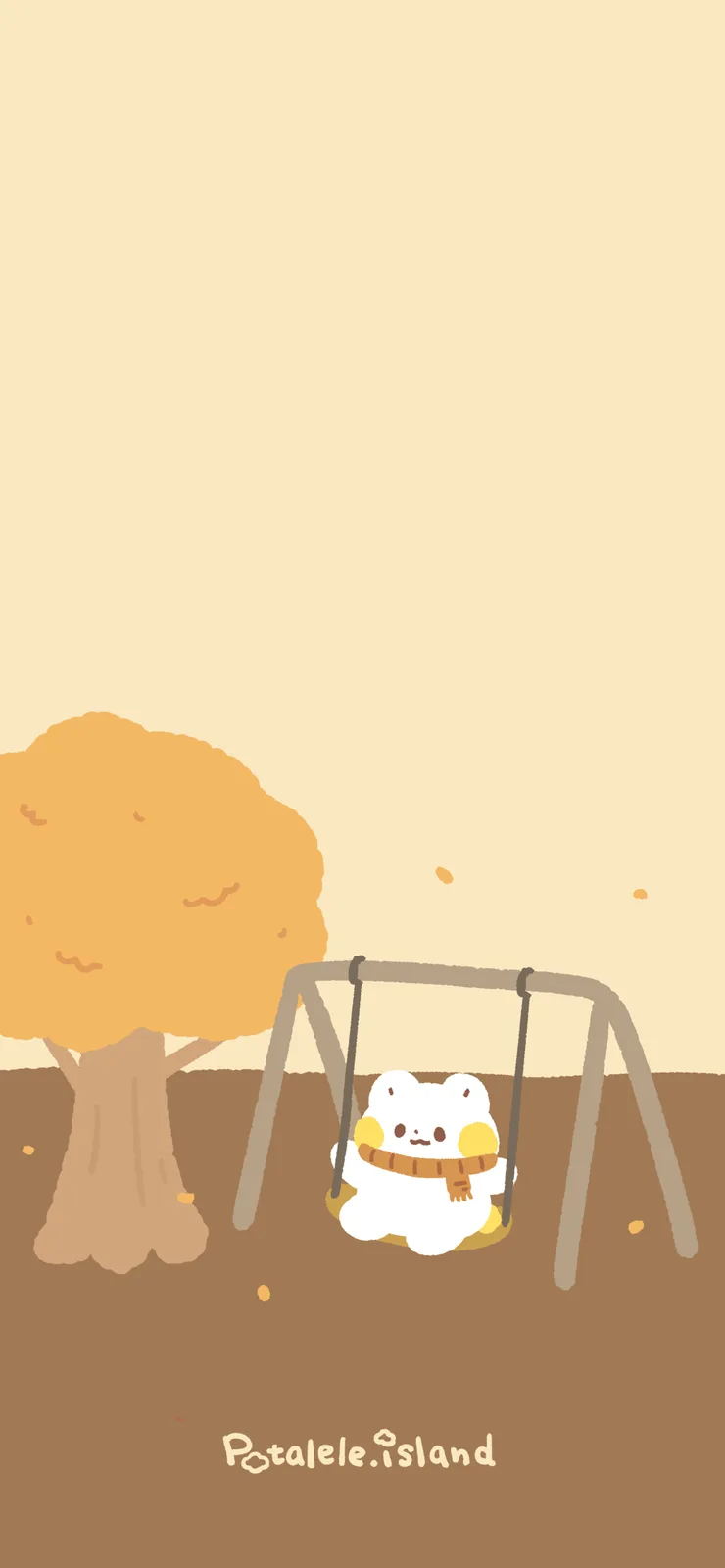 A cute, fluffy white cartoon character with yellow ears and a brown scarf sits on a swing under a large, orange-brown tree…