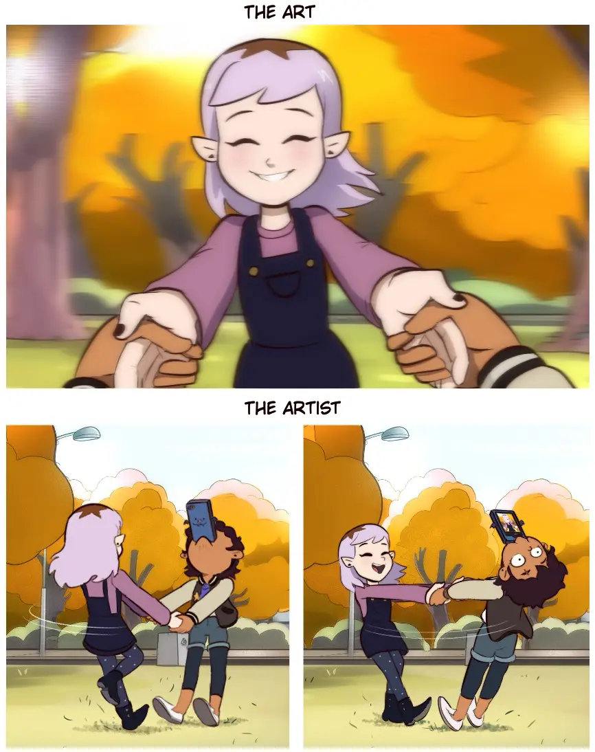 The image is split into two panels. The top panel shows a cartoon girl with purple hair smiling happily while holding hands…