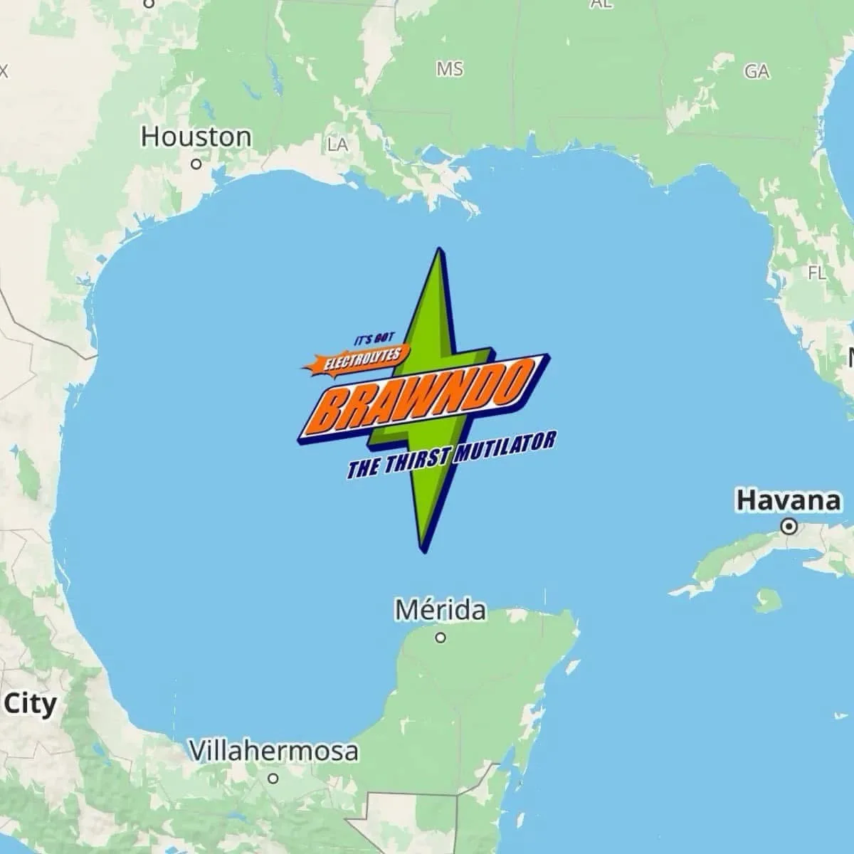 A map of the Gulf of Mexico and surrounding areas shows the logo for 'Brawndo: The Thirst Mutilator' superimposed over the…