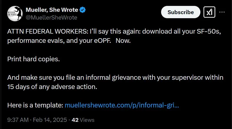 A screenshot of a tweet from the verified account 'Mueller, She Wrote' with a black background and white text. The tweet is…
