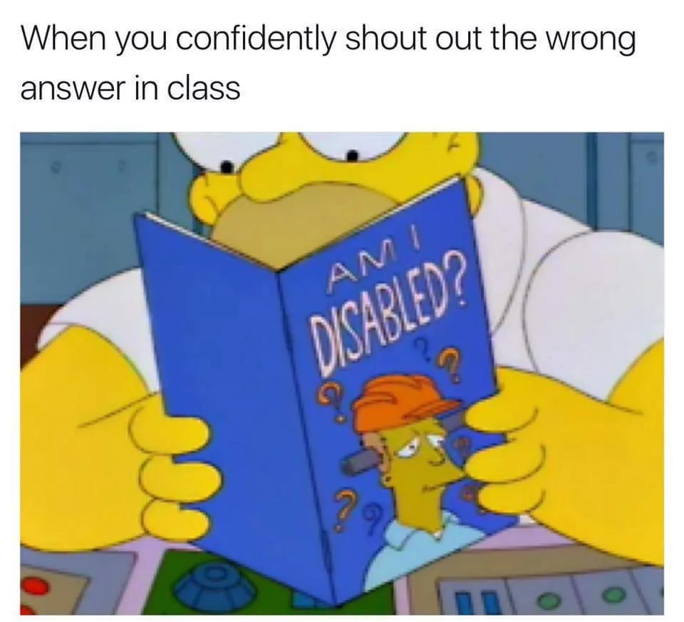A cartoon character with a large head and yellow skin holds a blue book titled 'AM I DISABLED?' with question marks around…
