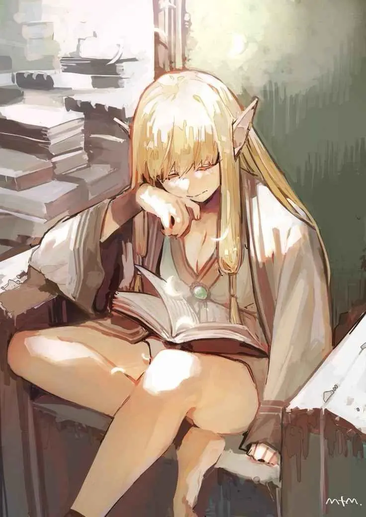 An anime-style illustration shows a blonde-haired elf with pointed ears sitting on a wooden surface, resting her head on her…