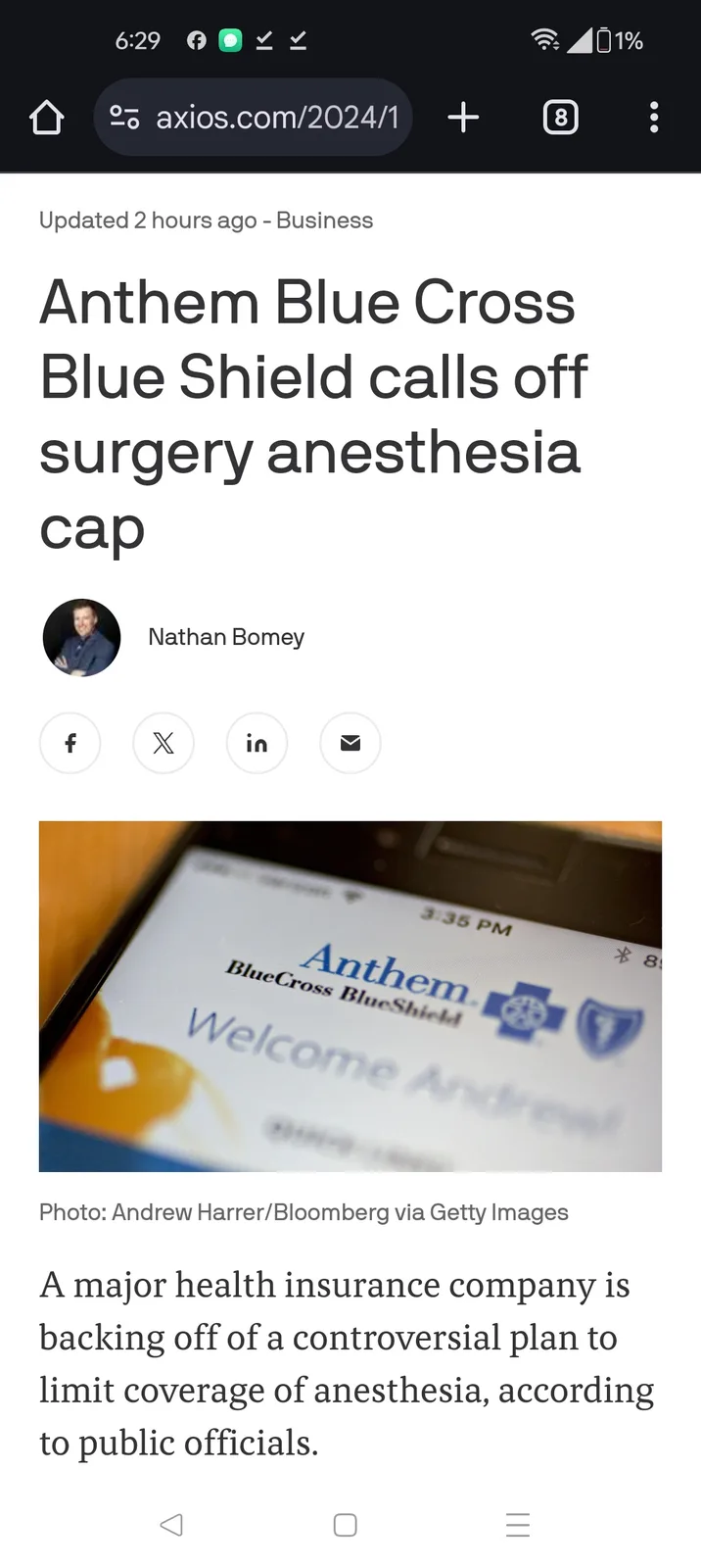 A screenshot of an Axios.com news article shows a headline about Anthem Blue Cross Blue Shield canceling its surgery…