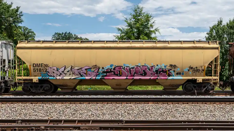A yellow freight train car covered in vibrant pink and blue graffiti sits on railway tracks under a partly cloudy sky. The…