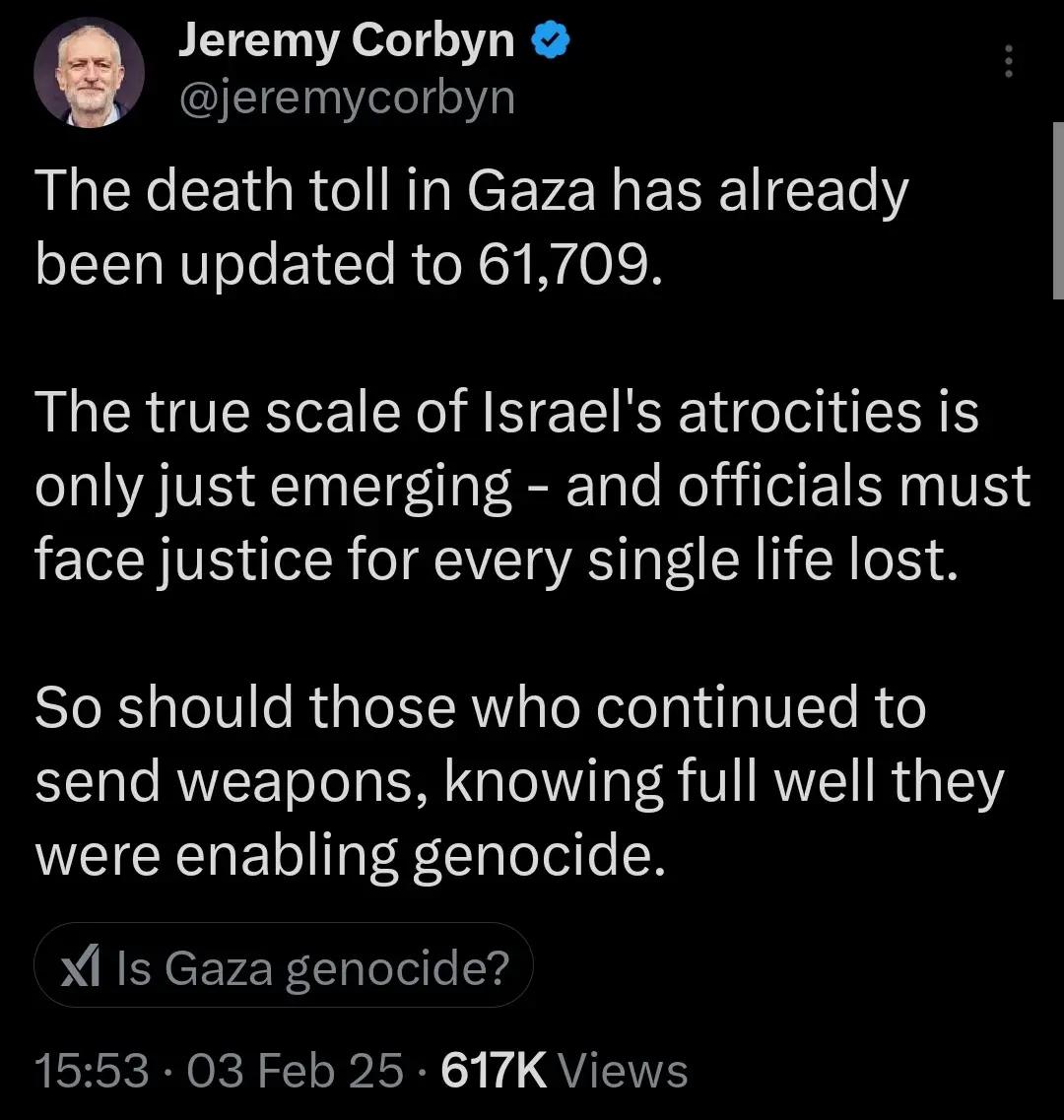 A screenshot of a tweet from Jeremy Corbyn's verified Twitter account, displaying a text message that states the Gaza death…