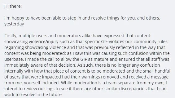 A screenshot of a text message with a formal, apologetic tone, explaining a moderation decision. The text is overlaid on a…