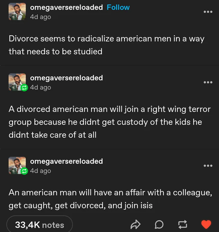 A screenshot of three consecutive Instagram Stories from the account 'omegaversereloaded', each displaying a different…