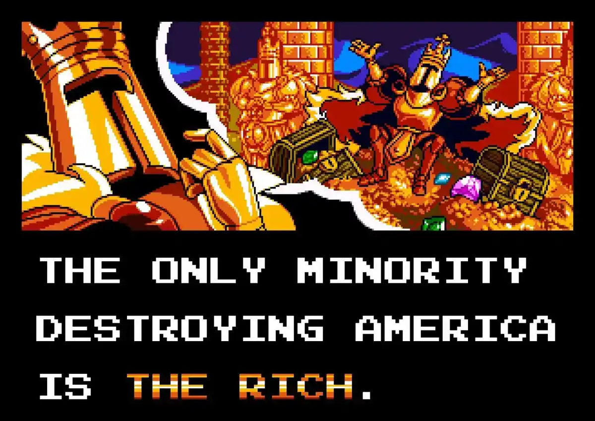 A pixel art image from a retro video game shows a large armored hand reaching into a treasure-filled room where a king-like…