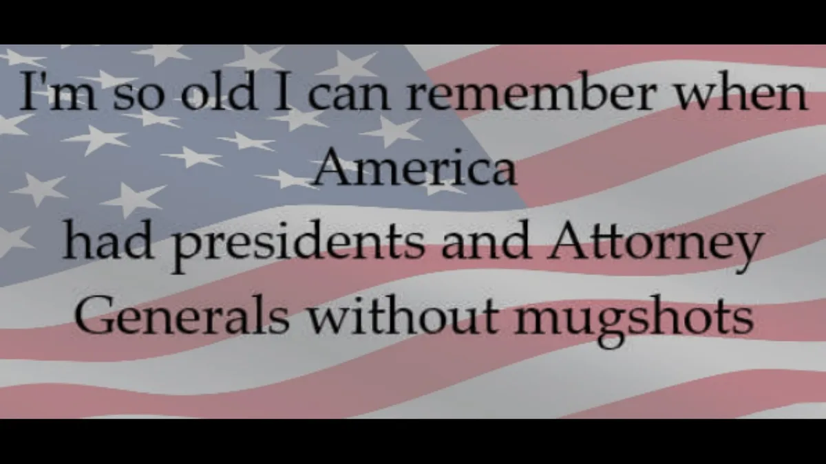 The image displays a faded American flag as a background with black serif text overlaid. The text reads: 'I'm so old I can…