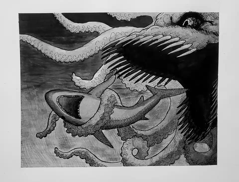A black-and-white drawing depicts a shark being attacked by a giant octopus with multiple tentacles wrapping around it. The…