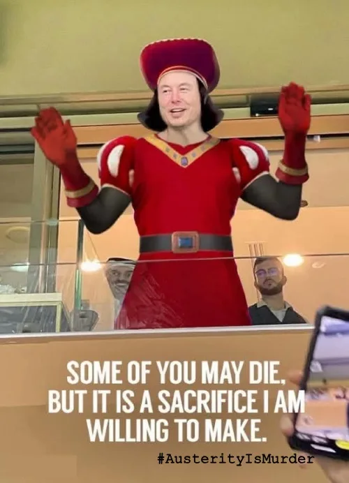 A person wearing a red, medieval-style costume with a hat and gloves, arms raised in a theatrical pose, stands behind a…
