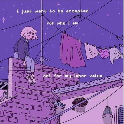 A cartoon character with pink hair sits on a rooftop under a starry purple sky, looking down sadly as laundry hangs on a…