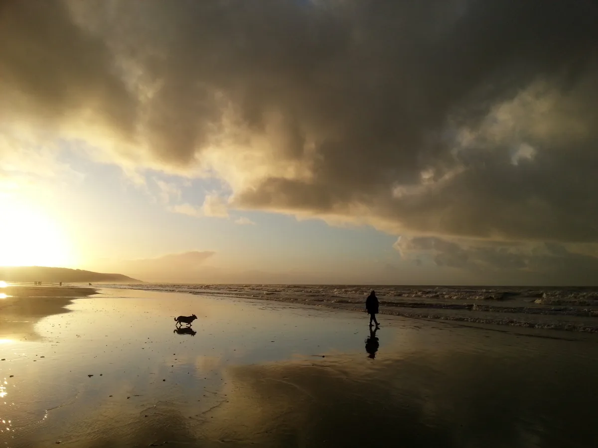 A silhouette of a person and a dog walking on a wet beach at sunset, with dramatic clouds overhead and the sun low on the…