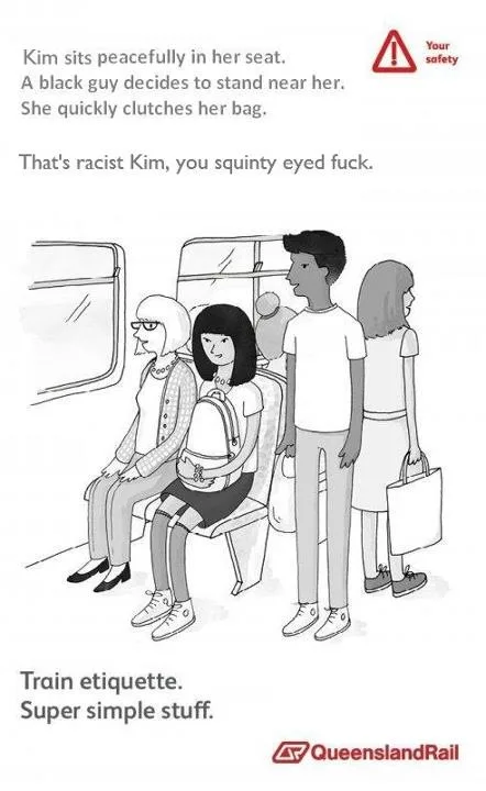 A black-and-white illustrated image shows a train carriage with several passengers. A woman named Kim sits calmly on a…