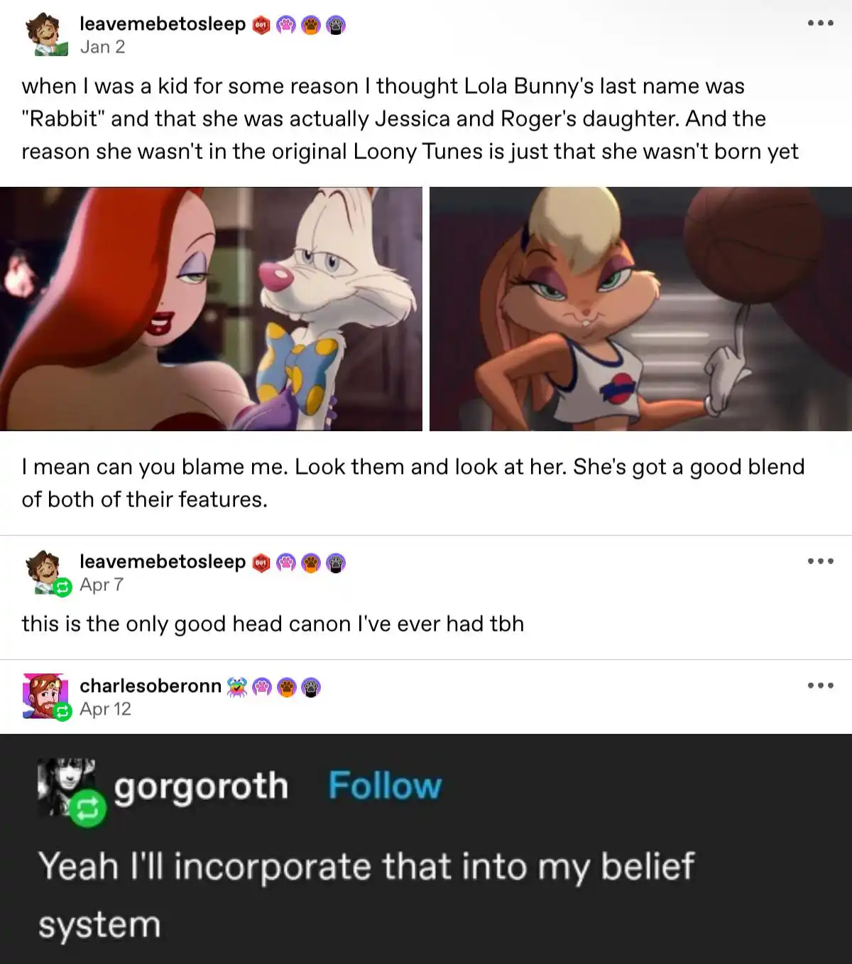 The image shows a social media post with two side-by-side cartoon panels. The left panel features Jessica Rabbit and Roger…