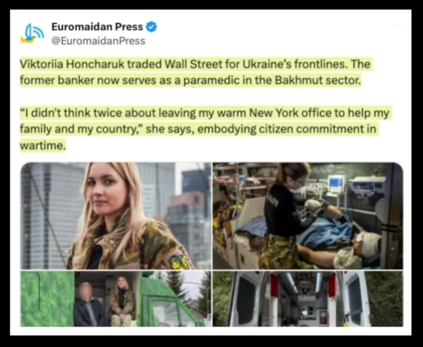 A screenshot of a tweet from Euromaidan Press showing four photos of a woman named Viktoriia Honcharuk. The top-left photo…